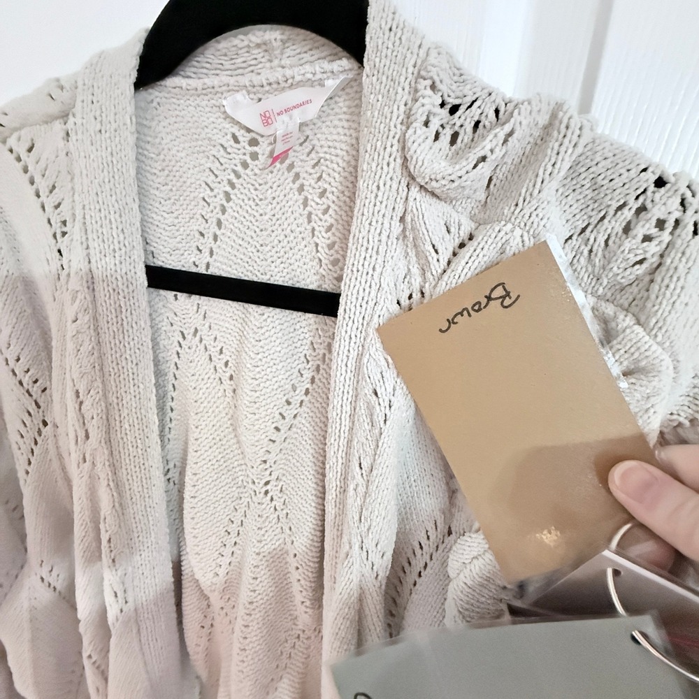 No Boundaries Cardigan XL Beige Pointelle Knit Open Front Long Sleeve Pockets - Picture 6 of 6